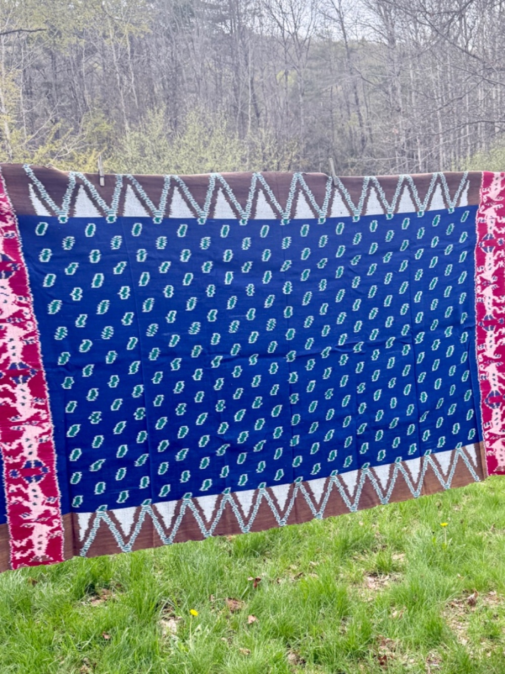 True Ikat Cloth Wrap Throw Blue Green Wall Hanging Medium Weight Weaving 82 X 45